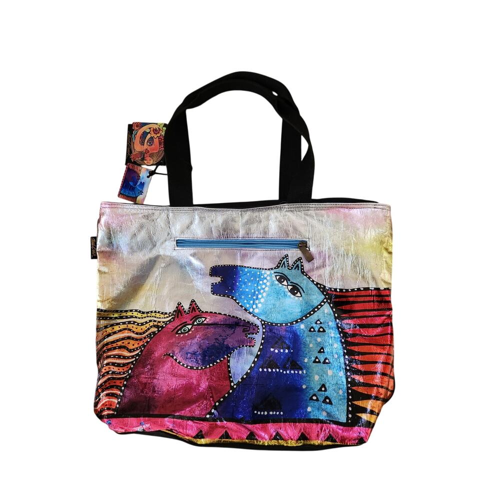 Laurel Burch NWT Metallic Horse Tote Bag Colorful Art Shoulder Bag Zip Top